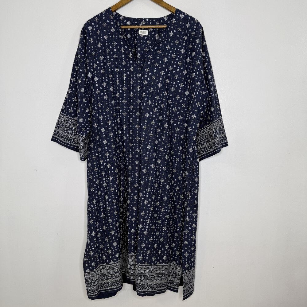 Toast Dress Womens XL Blue White Kaftan Floral Print Cotton Boho India Pockets